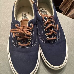 Vans Authentic Low Top Sneakers Womens 9 Navy Canvas Brown Laces Skate Shoes